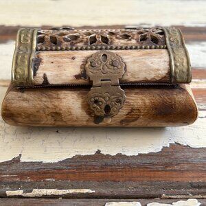 Vintage Camel Bone Trinket Box with Brass Hinges and Trim, Velvet Lining